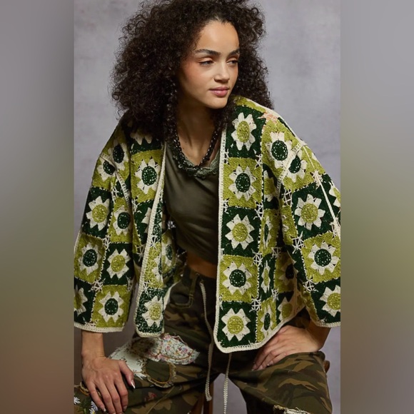 POL Jackets & Blazers - NEW POL Granny Crochet Boho Open Cardigan Olive Multi 3/4 Sleeve Festival OS